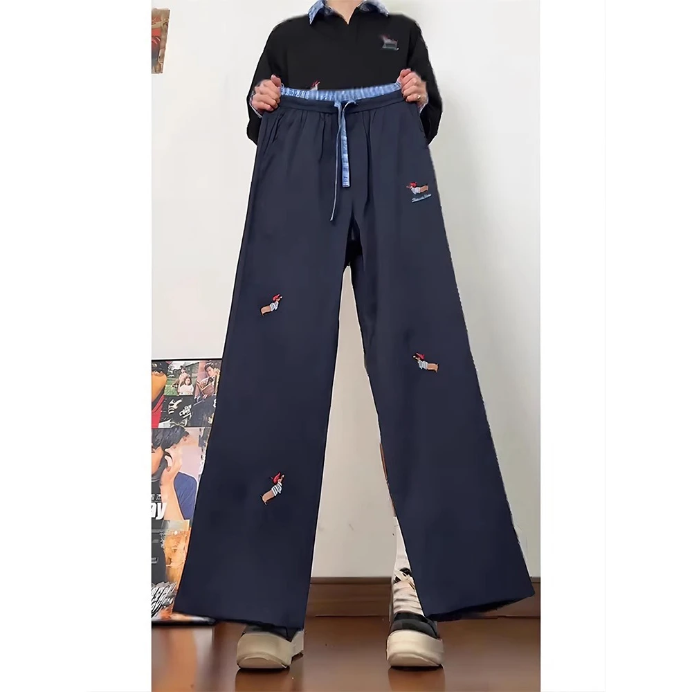 腊肠狗刺绣弯刀卫裤男款春秋季垂感美式藏青色裤子直筒运动休闲裤