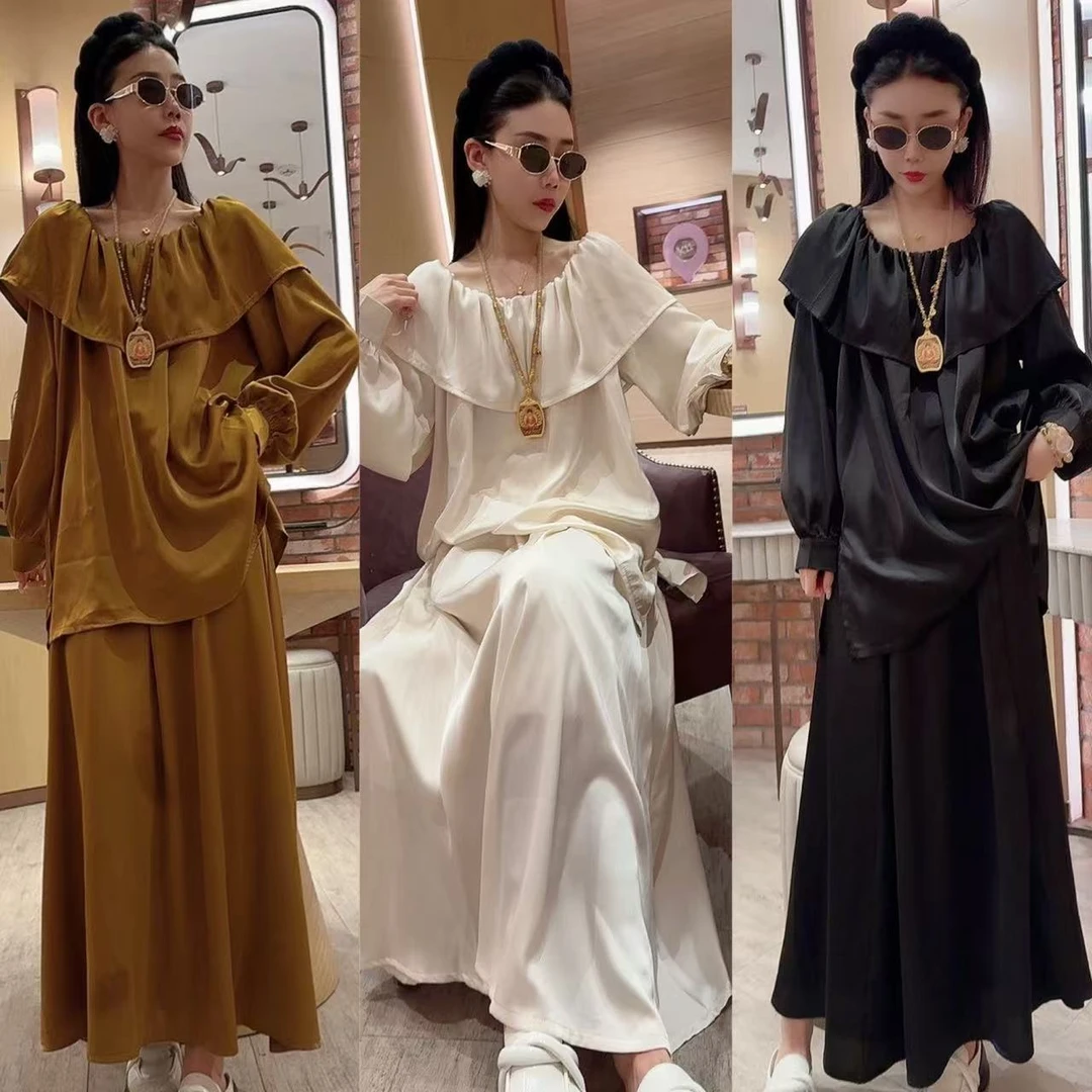 9185新款气质时尚大码荷叶领两穿纯色气质淑女套裙两件套