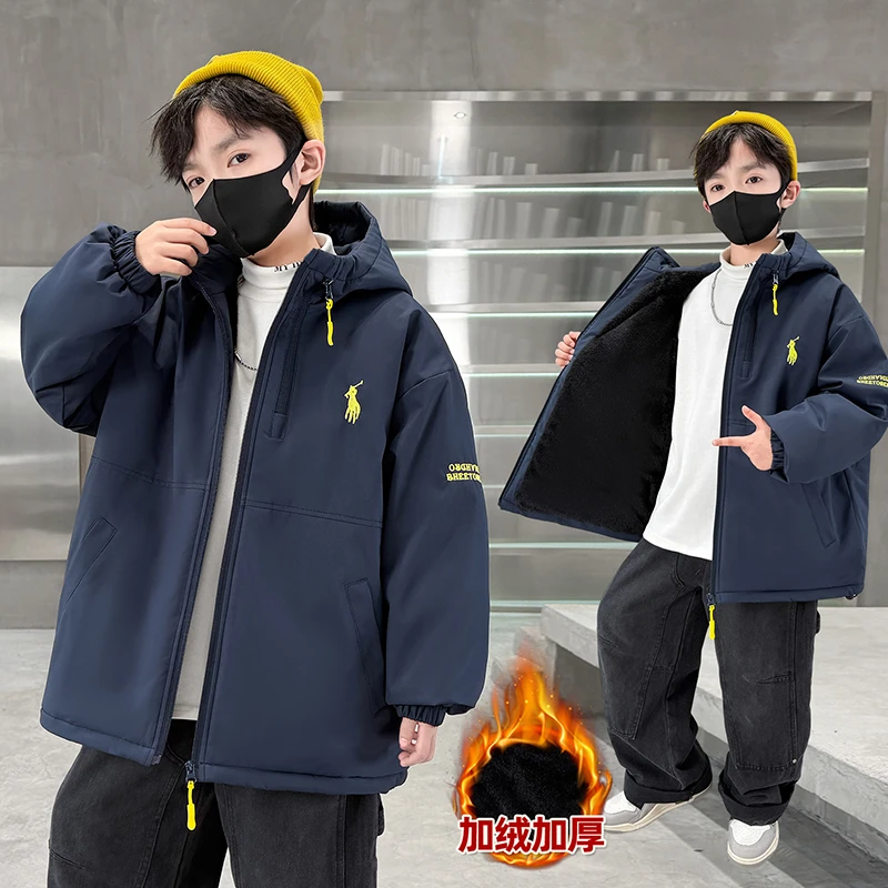 男童冬装外套2025新款中大儿童装男孩冬季加绒加厚派克服棉衣