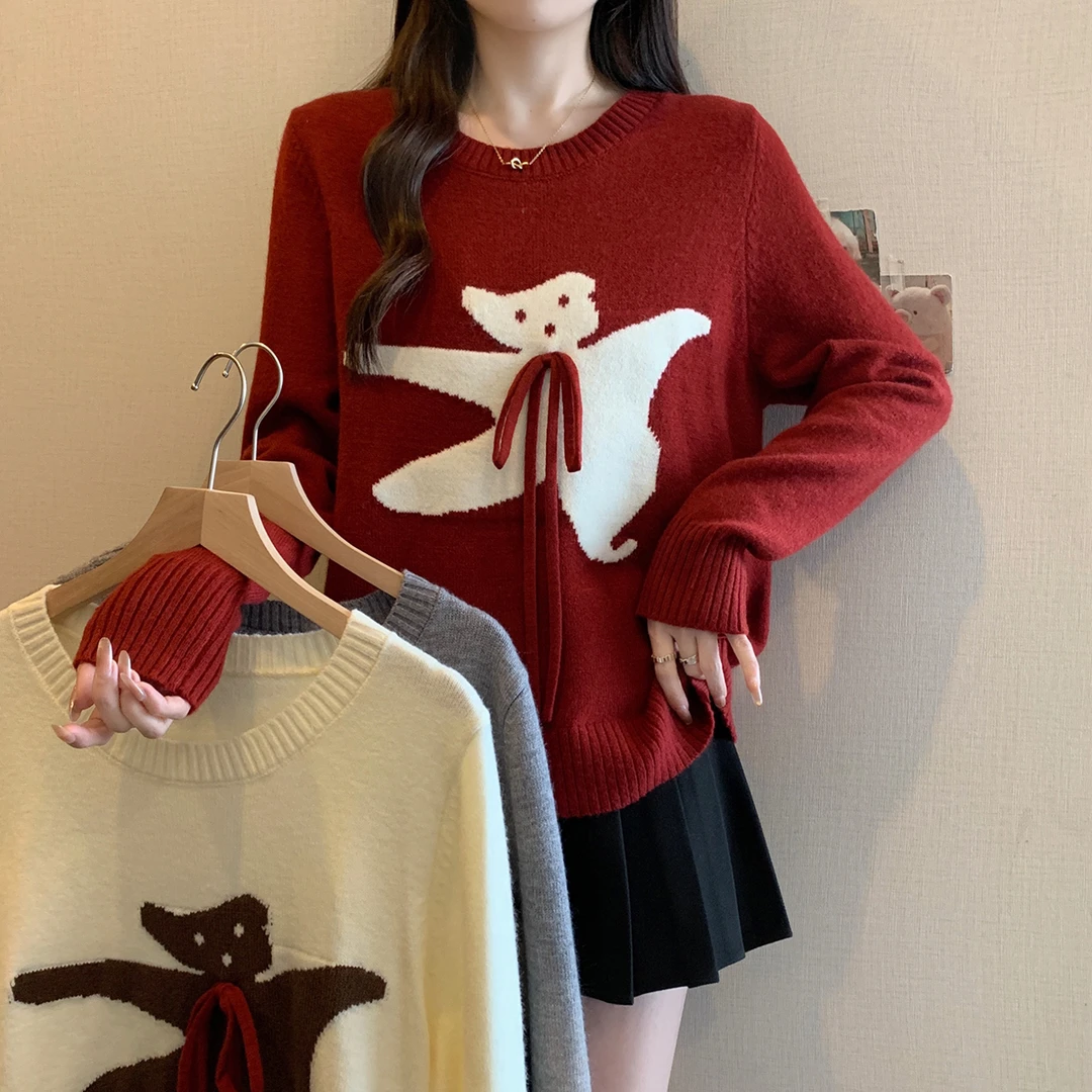 【琦琦】秋冬新款胖mm大码女卡通小熊红色圣诞毛衣软糯慵懒针织衫