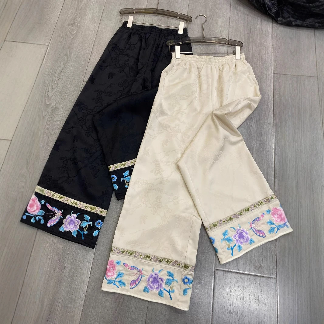 新中式提花刺绣阔腿裤（有口袋）休闲新款高级提花阔腿长裤