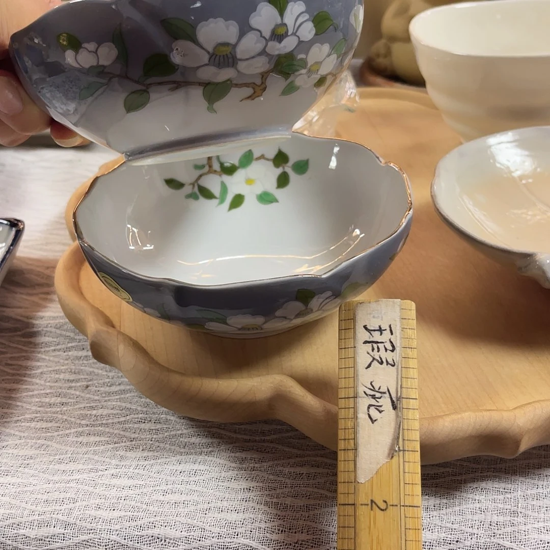 瓷片山茶花灰釉渐变钵子一对15