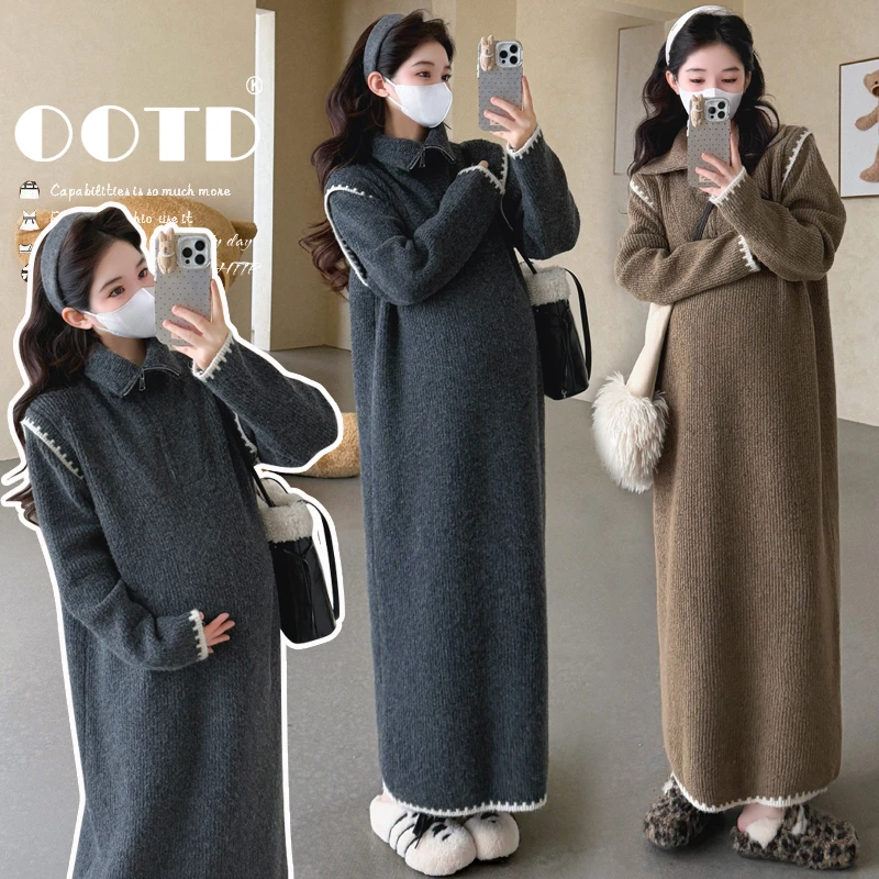 孕妇装秋冬新款宽松加厚毛衣裙慵懒大码显瘦高领过膝冬季打底长裙