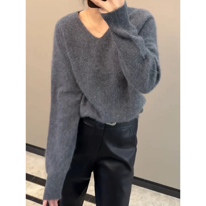 慵懒风简约v领灰色毛衣女2025年秋冬韩版休闲百搭套头针织衫长袖