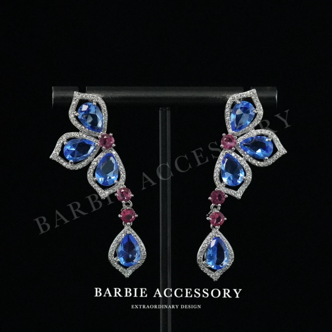 铜合金合成锆石耳饰 【蓝小蝶羽】法式中古轻奢设计款高级感耳环