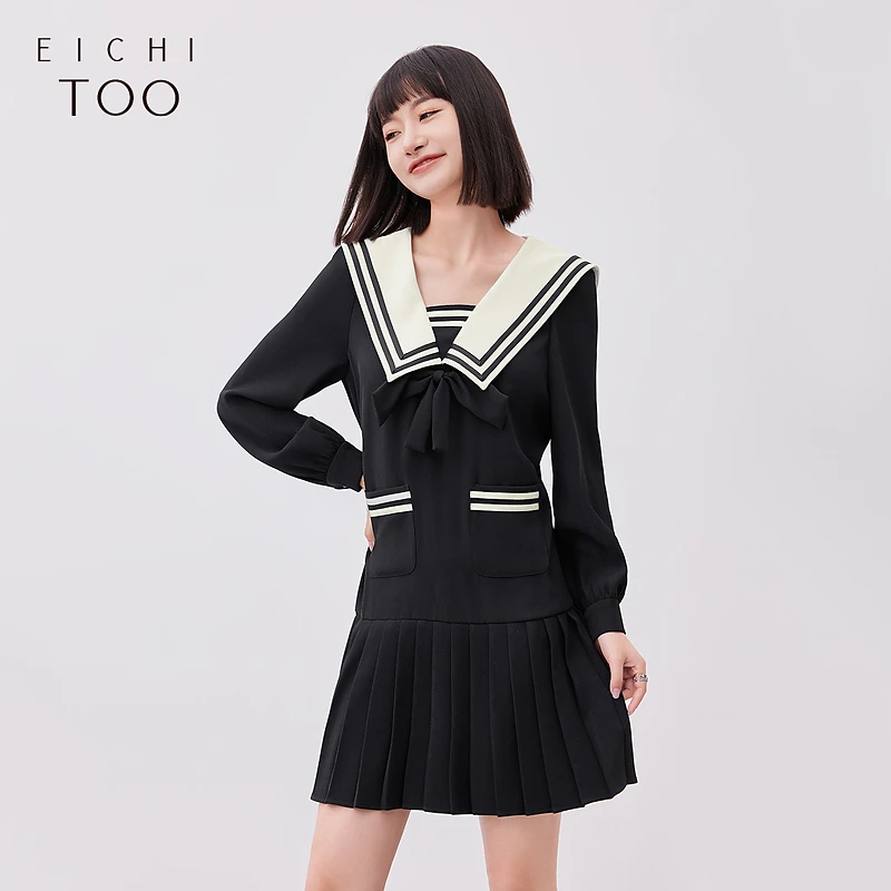 爱居兔春季黑白撞色设计学院风短款连衣裙EQLCJ1N011A