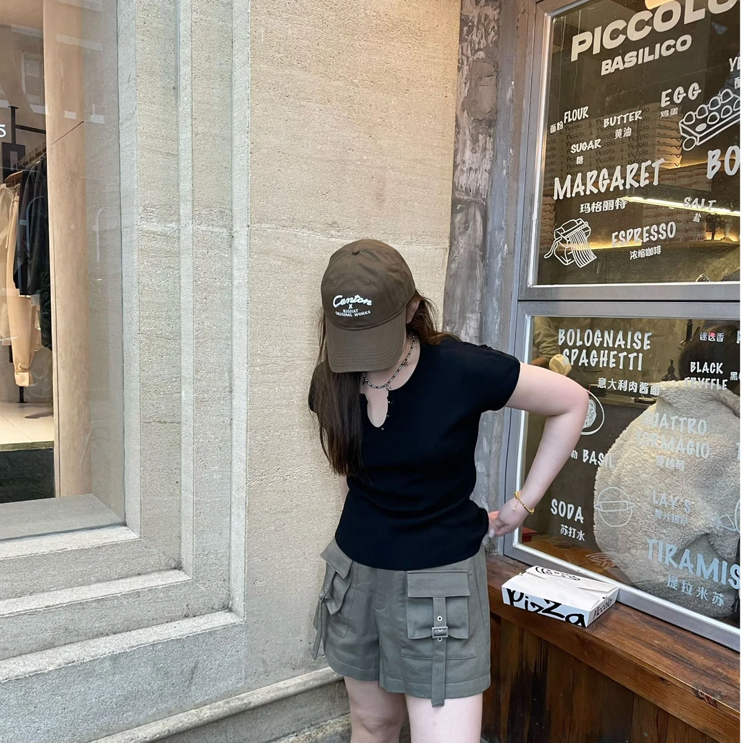 晶咕【纽扣小V领】时尚百搭纯色韩版设计感彩色针织短袖T恤