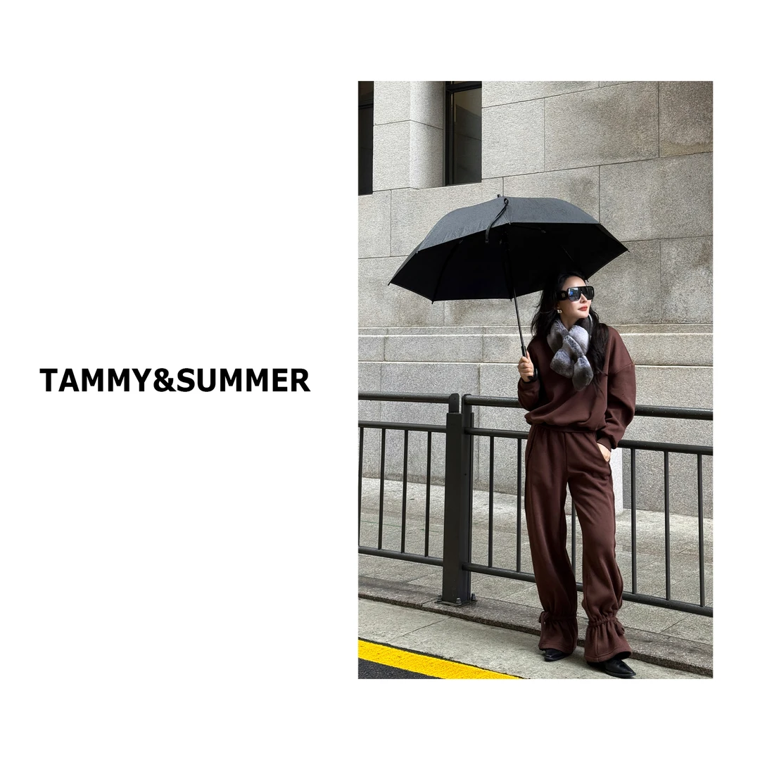 【Tammy&Summer】时尚宽松斜肩加绒卫衣绑带收脚休闲裤套装251338