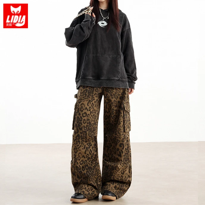 美式复古流光风豹纹工装牛仔裤女2025秋季新款辣妹炸街显瘦阔腿裤