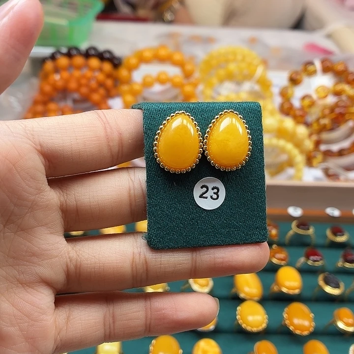 琥珀银S925镶嵌耳饰