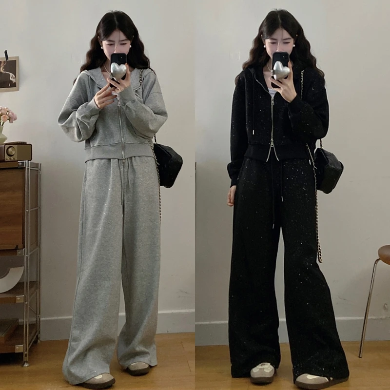 大码胖mm女装秋季新款重工艺撒金长袖卫衣外套阔腿裤两件套装女