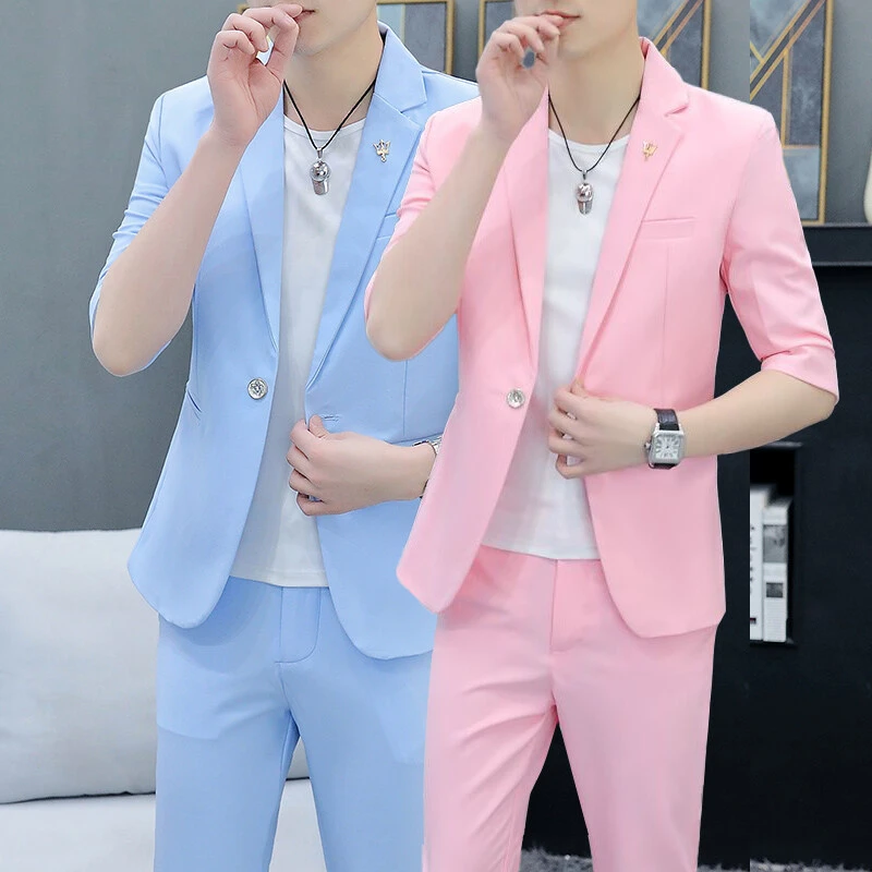 男士中袖小西装裤子两件套春夏季休闲百搭时尚七分袖西服套装男装