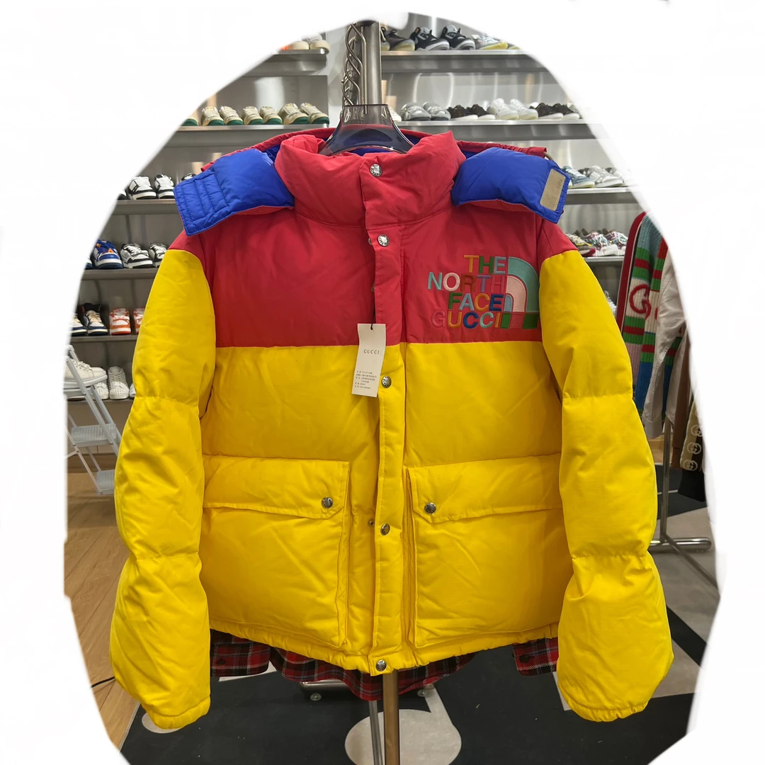 Gucci联名北面羽绒服 M码 柠檬黄粉色拼接连帽 全新肩宽55胸围68
