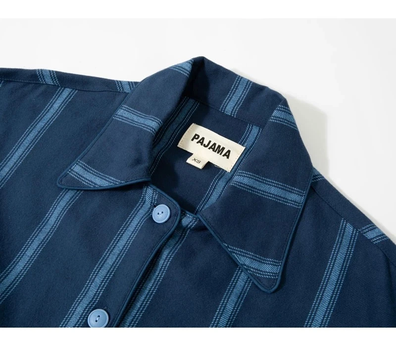 秋季纯棉磨毛藏青条纹绣花男女同款睡衣套装保暖柔软家居服