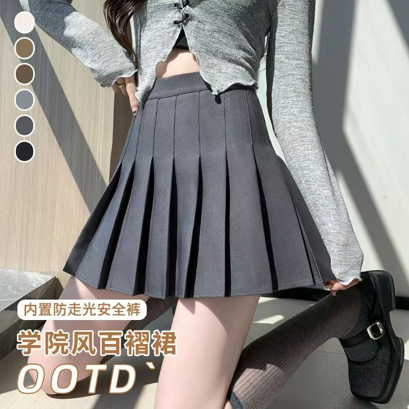 【新款夏季女裙显瘦高腰百褶短裙】日系格子A字半身裙白色抗皱