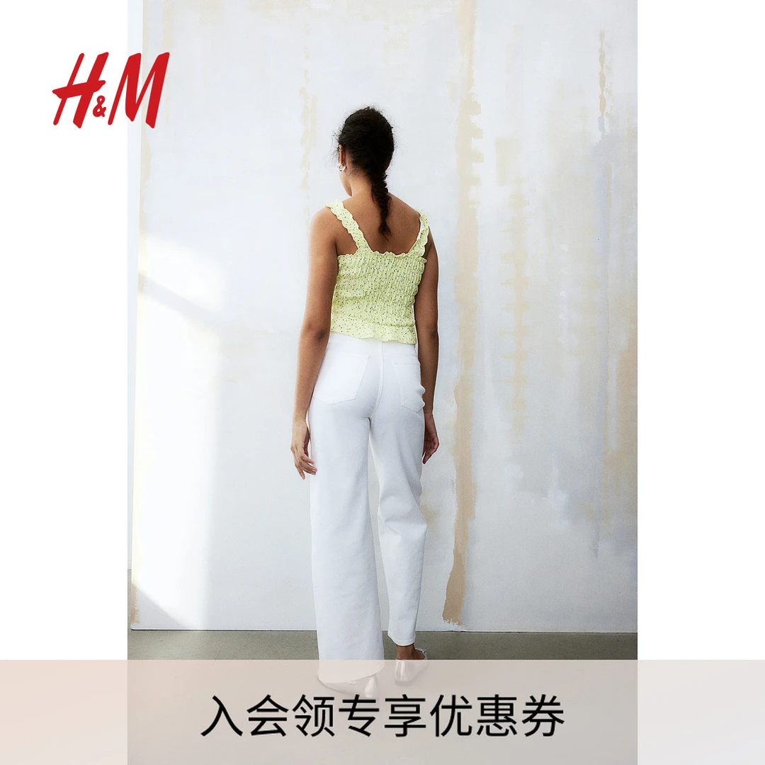 HM女装休闲裤夏季简约舒适直筒复古高腰斜纹布百搭阔腿裤1107360