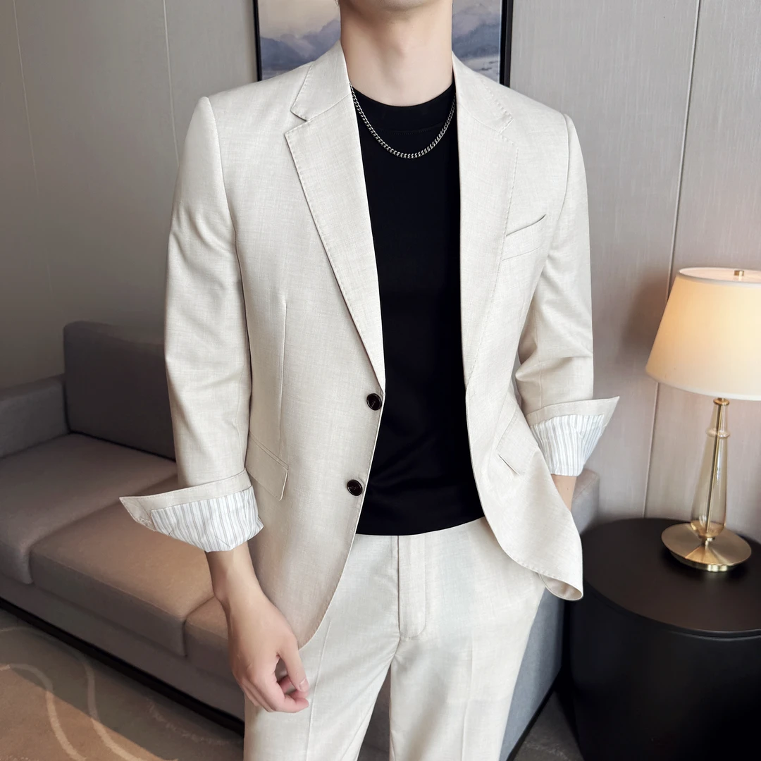 夏季薄款西服套装男士意式高端天丝羊毛半里衬休闲商务结婚礼服