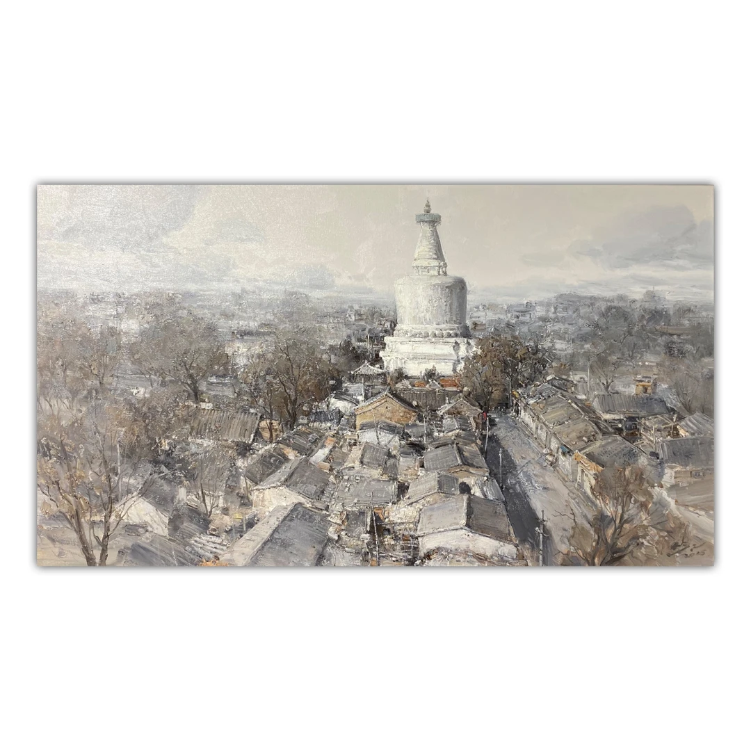 郑虎彪《北京白塔寺·1930》80x140cm 原创手绘  风景油画