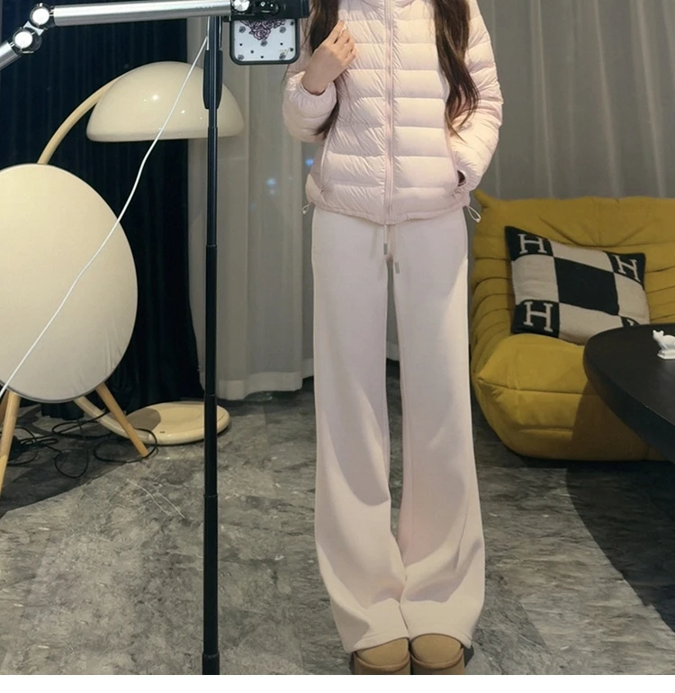 冬季新款加绒430g超高克重银狐绒宽腰抽绳修身宽松自然腰微喇卫裤