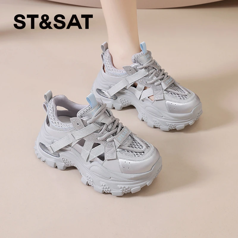 星期六运动凉鞋女2025新款夏季厚底老爹鞋镂空透气网鞋显脚小女鞋