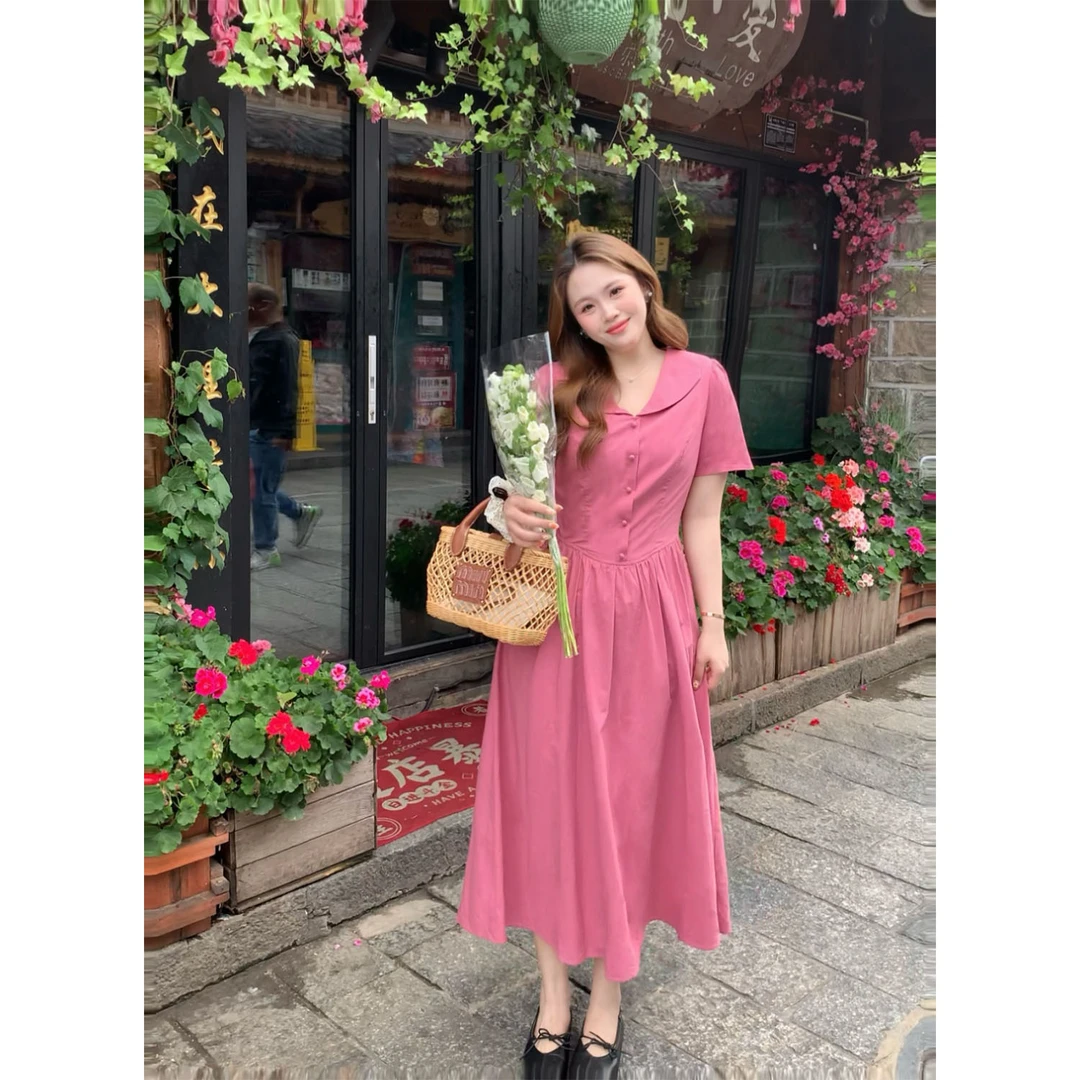 现货8783X大婉酱千千微胖定制复古树莓 翻领连衣裙设计感收腰长裙