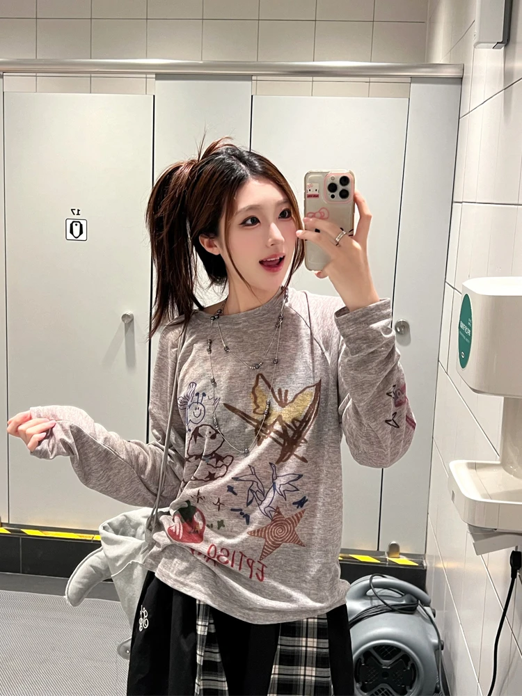 美式复古印花早秋长袖t恤女薄纱款防晒罩衫夏天浅灰色打底上衣