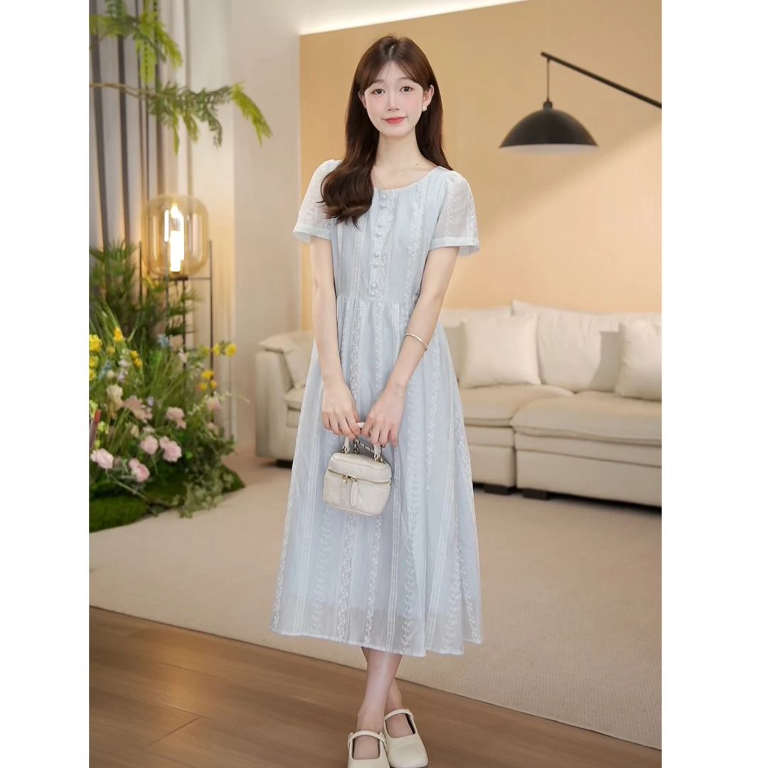 现货夏季小清新垂感连衣裙连衣裙夏装复古圆领-8508