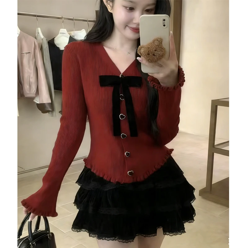 2026新款大码胖mm甜美风针织小衫女蝴蝶结木耳边遮肉显瘦上衣