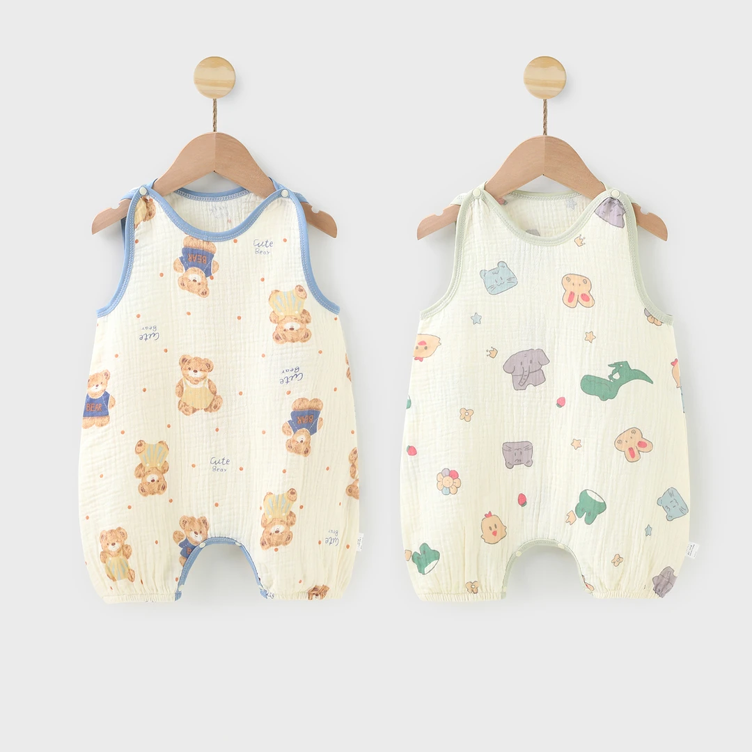 婴儿夏季连体衣薄款纱布百百棉卡通吊带包屁衣双胞胎宝宝背心哈衣