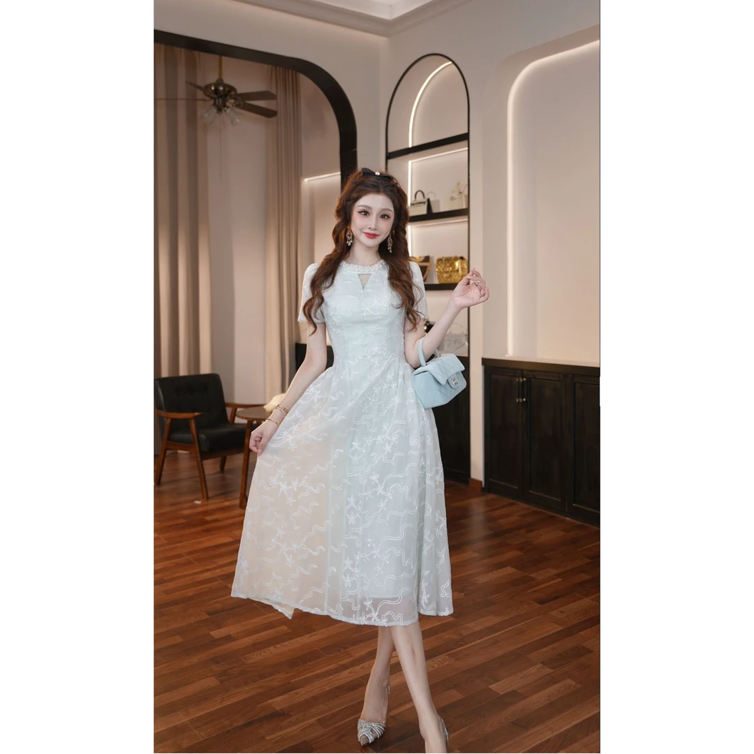 【晚晚定制】修身优雅拼接显瘦梦幻连衣裙名媛轻奢45171