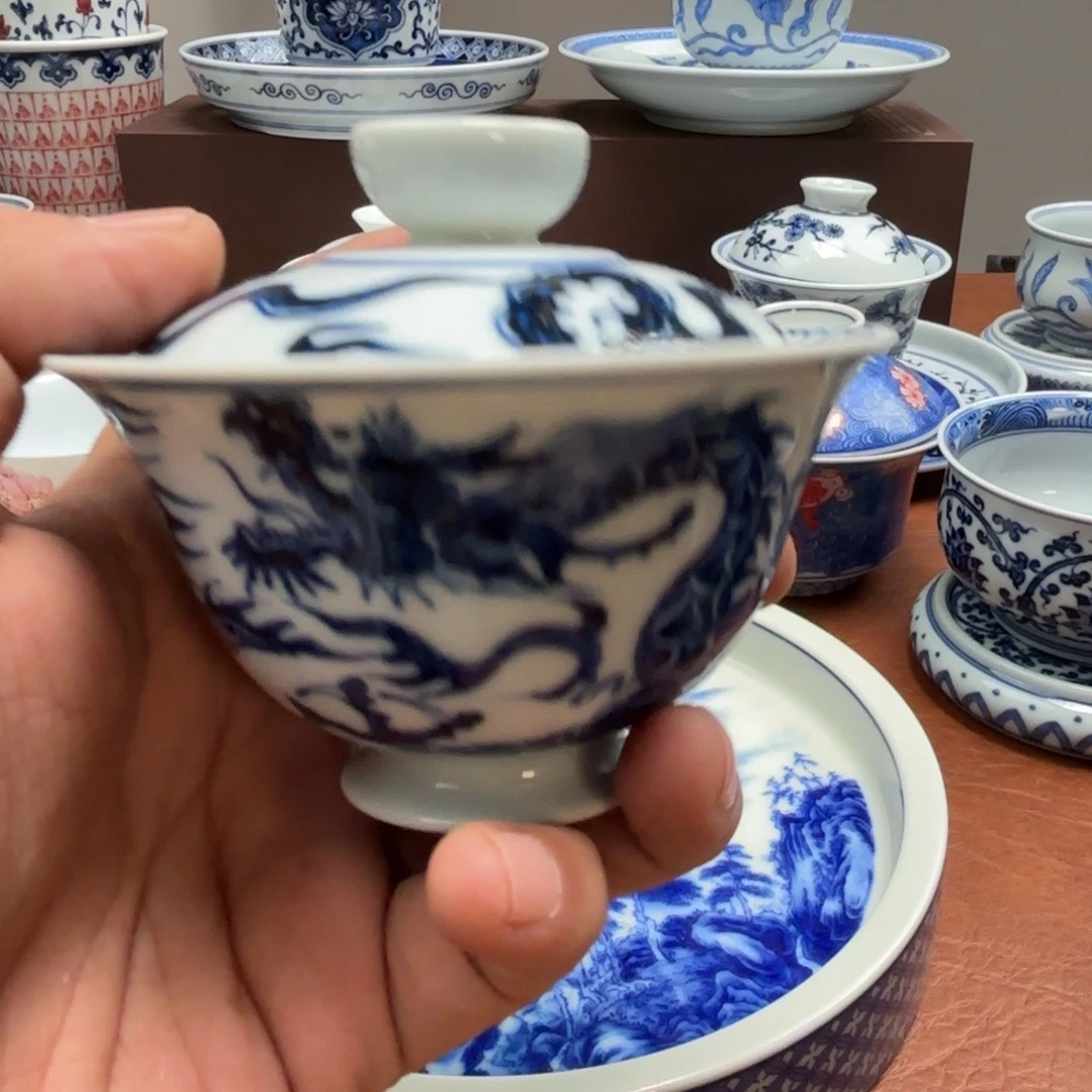 壹***阴茶具手绘元龙纹盖碗微瑕景德镇发货