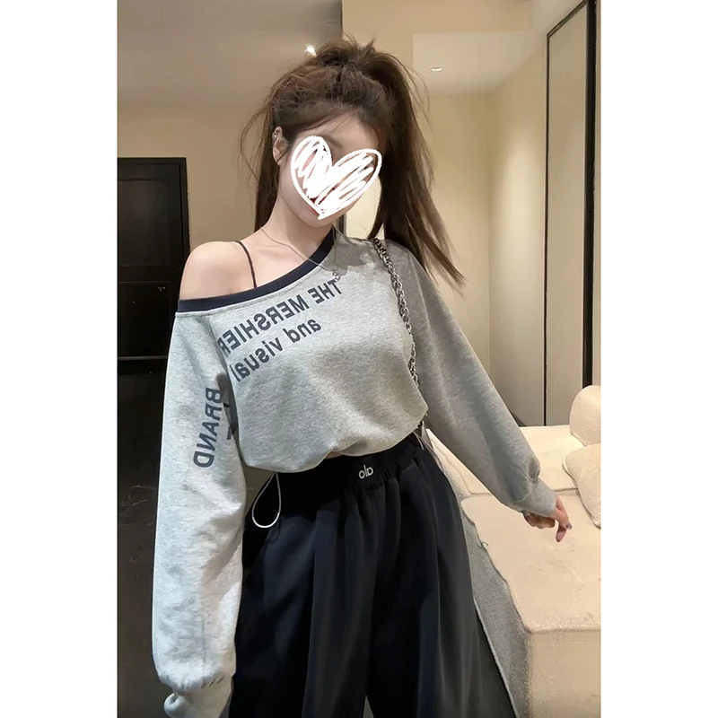 字母印花常规秋季显瘦辣妹卫衣撞色斜肩长袖T恤上衣女