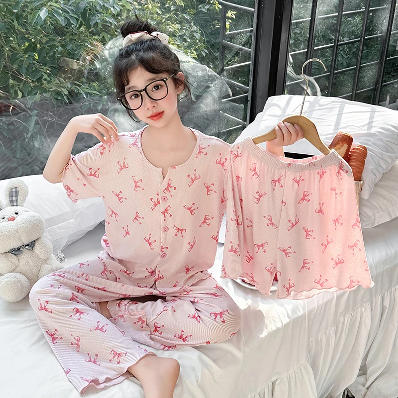 儿童短袖睡衣三件套女童甜美夏季薄款蝴蝶结圆领可外穿家居服套装