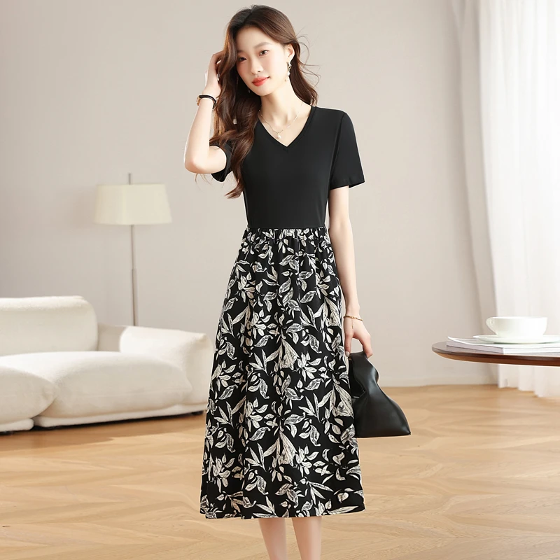 假两件短袖V领印花连衣裙女收腰显瘦t恤裙子2025年夏季新款