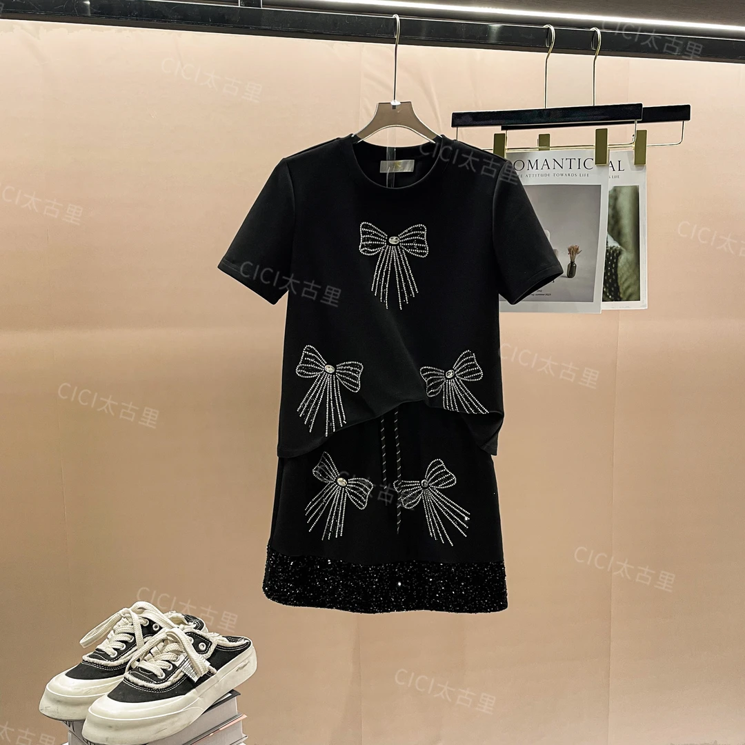 bling重工 洋气减龄蝴蝶结烫钻短袖T恤+半身裙两件套LL-4000037