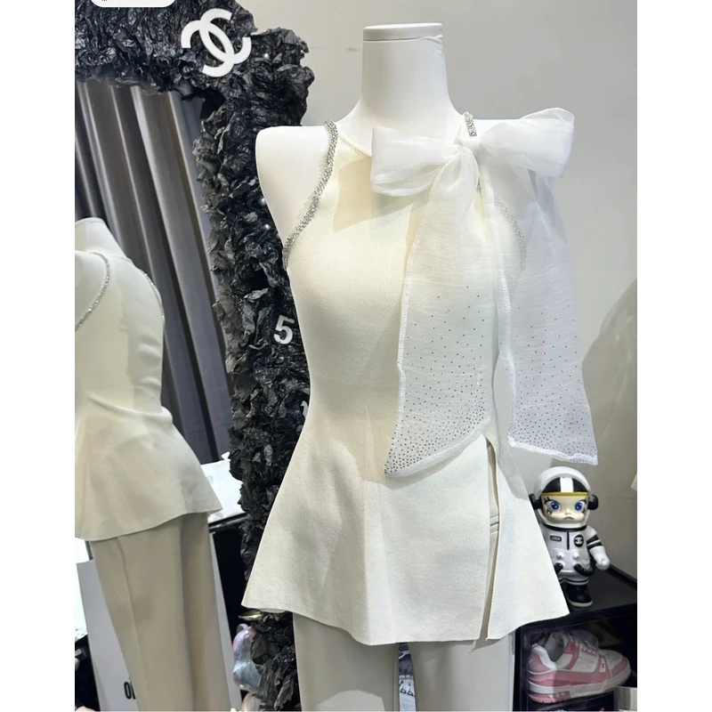 小香风名媛高级感系带挂脖上衣女夏季新款气质收腰显瘦无袖针织衫