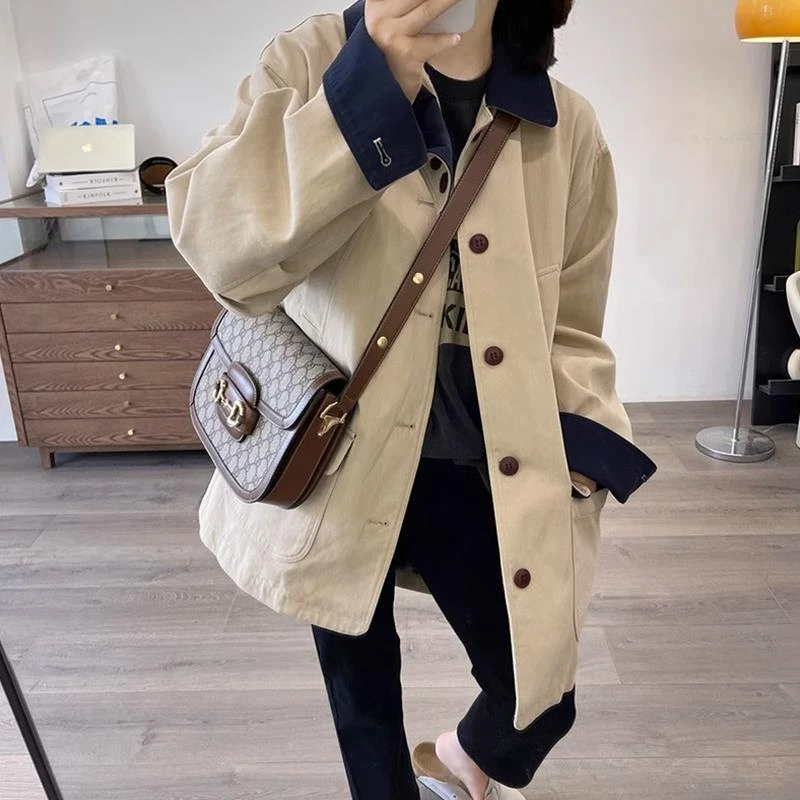 韩系撞色翻领长袖风衣外套秋季气质轻熟风单排扣上衣休闲工装大衣