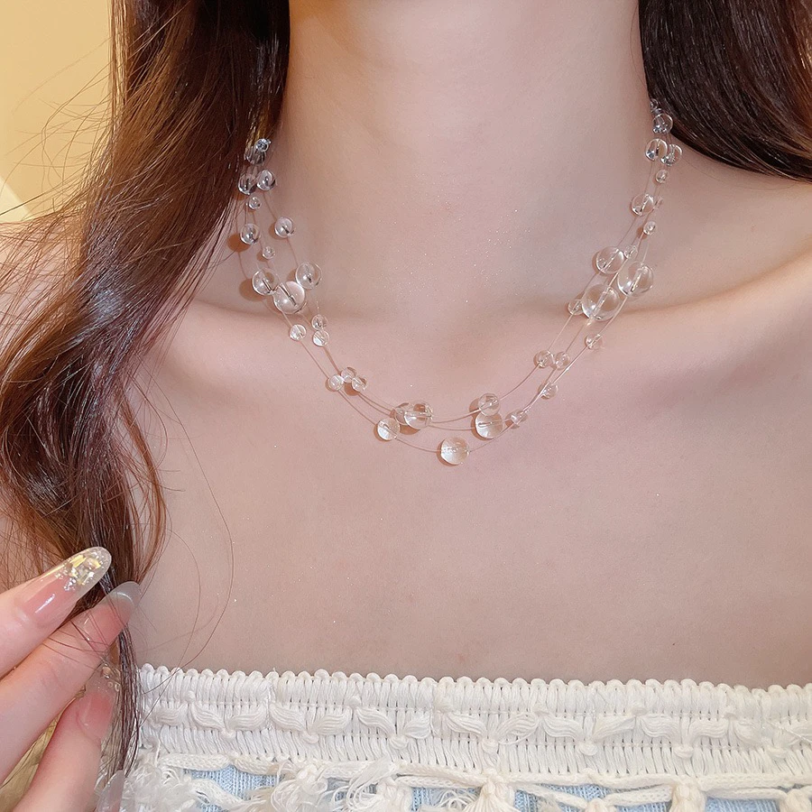 铜合金项链 精品/不规则水晶串珠三层项链时尚简约百搭锁骨链项饰