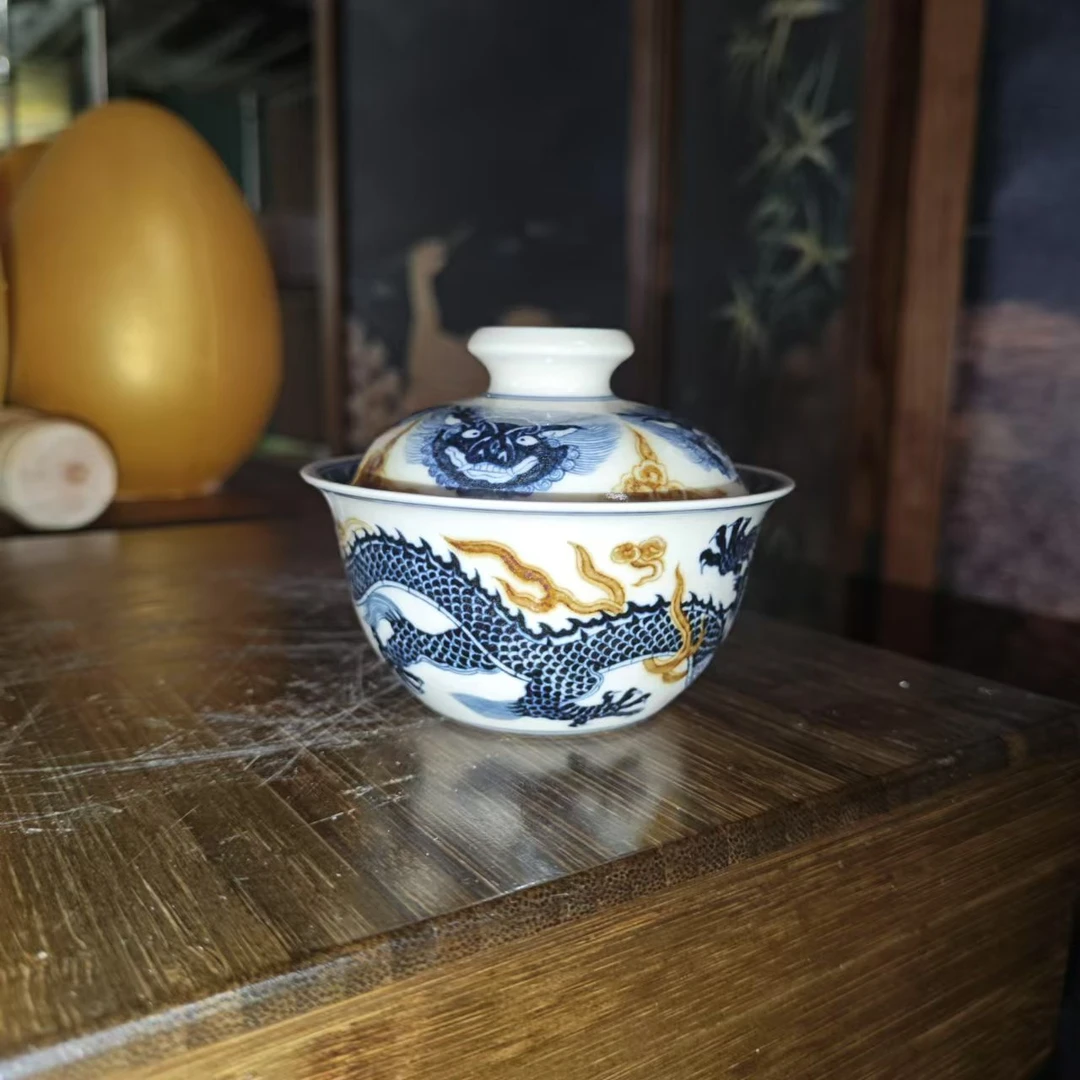 【墨舍柴窑】墨舍慕古龙纹盖碗（msmg17）复古陶瓷纯手工全手工