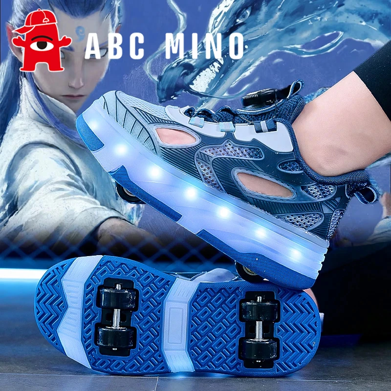 ABC MINO儿童暴走鞋四轮可收缩男童发光溜冰鞋夏款镂空透气滑轮鞋