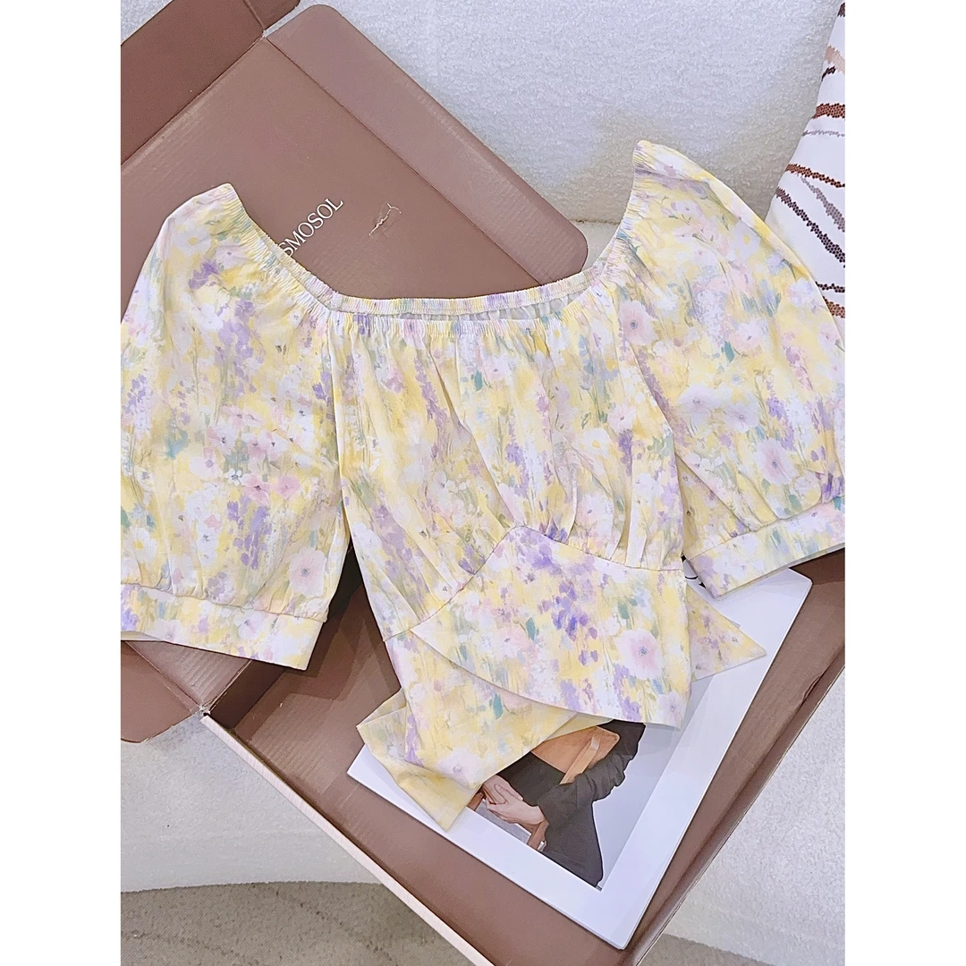 丨夏季新款法式黄色碎花短款泡泡袖圆领衬衫 SX270