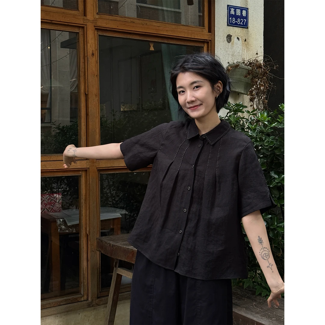 LANGQING 黑色夏季宽松休闲舒适小众设计感亚麻衬衫45014#