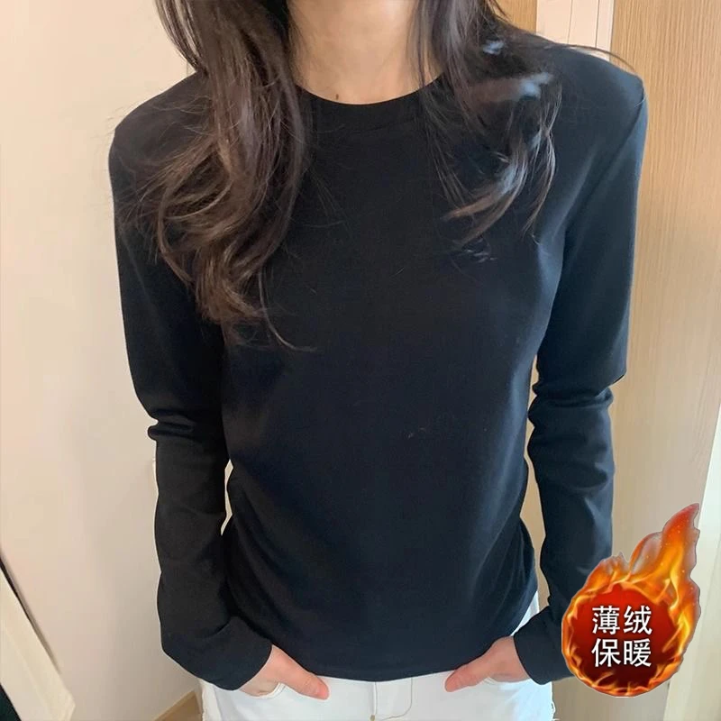 潮牌正肩辣妹秋冬修身收腰t恤女长袖圆领内搭打底衫洋气保暖上衣