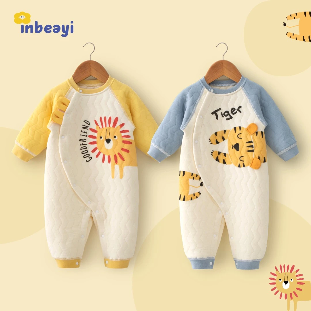 婴蓓依婴儿秋冬夹棉连体衣新生儿三层保暖哈衣百天满月宝宝外出服