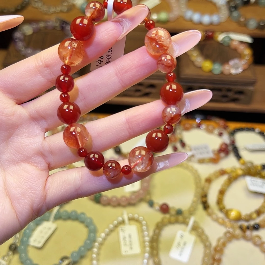水晶手串银S925镀金镶嵌红1465