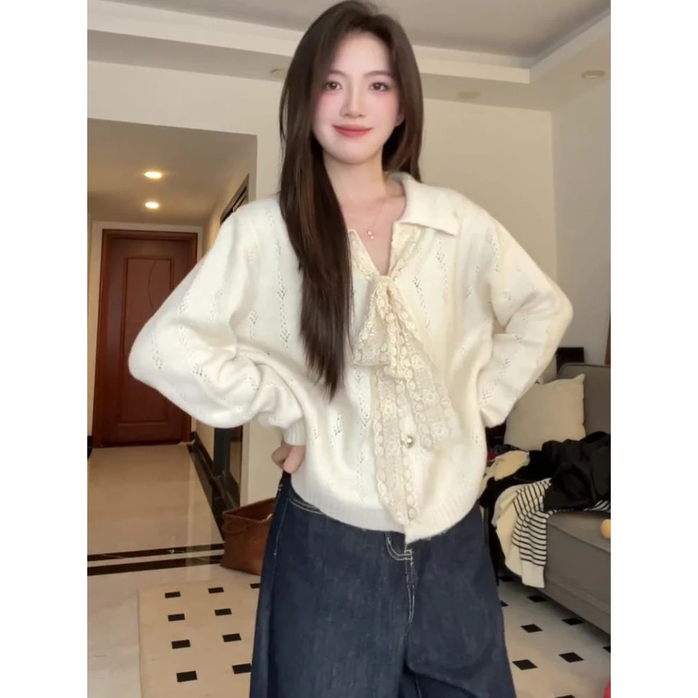 韩系秋冬穿搭蕾丝系带毛衣女2025时尚洋气减龄镂空针织衫开衫上衣