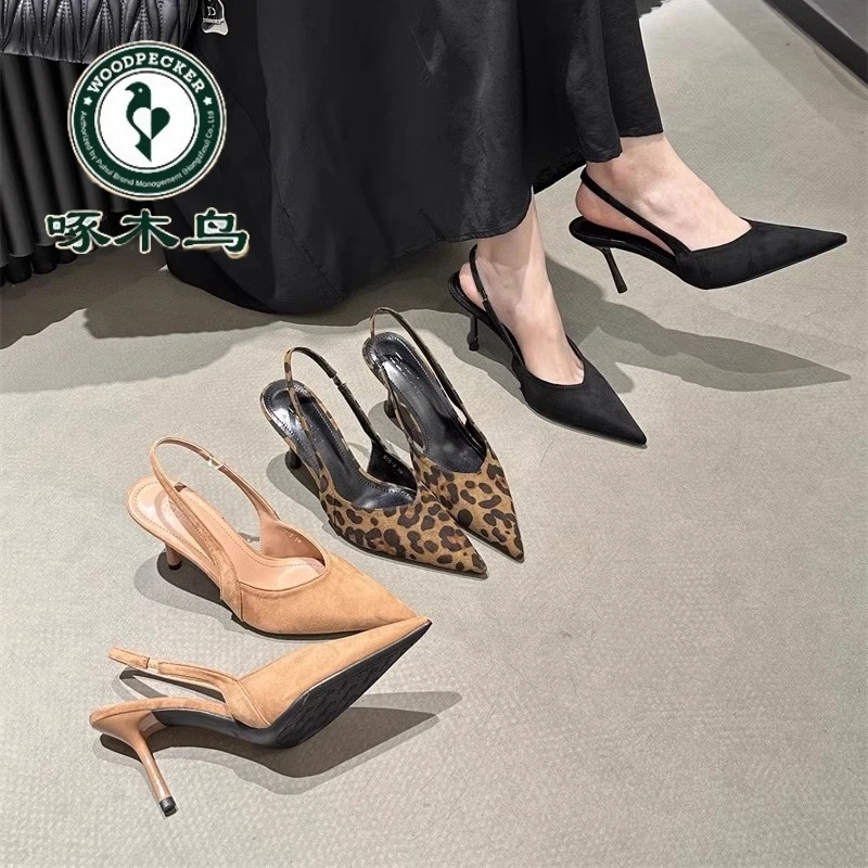 啄木鸟法式尖头豹纹高跟鞋包头凉鞋女绒面春夏新品黑色单鞋仙女风