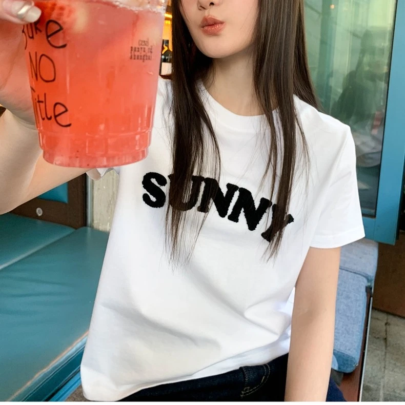 农撞色字母毛巾绣正肩短袖t恤女夏新款小宽松圆领上衣