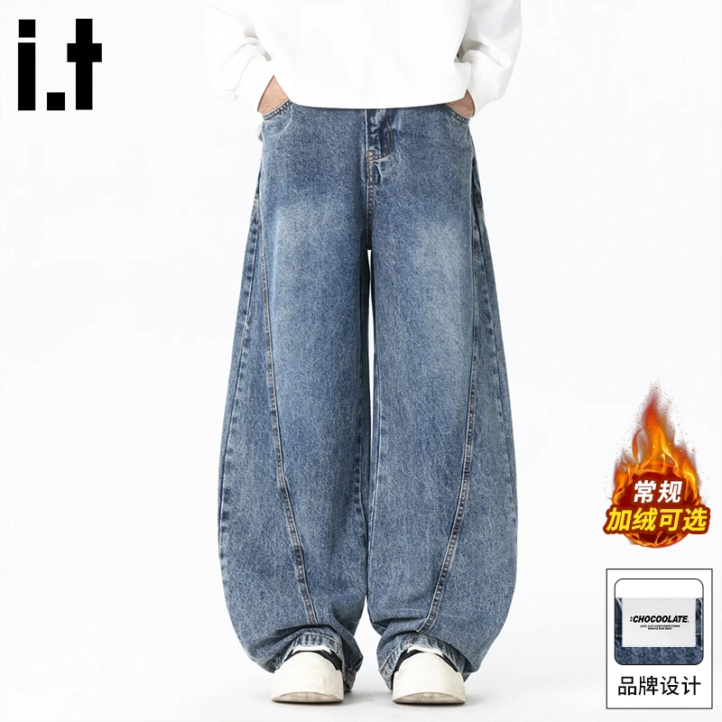 it :CHOCOOLATE男士牛仔裤男士冬季加绒高街宽松阔腿休闲潮流长裤