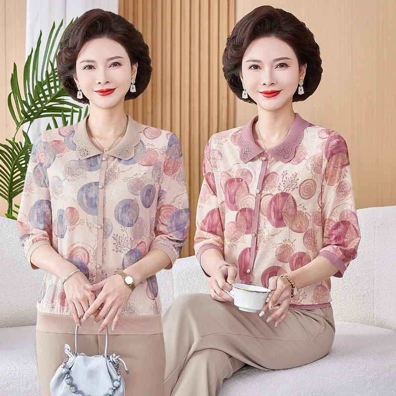 2025妈妈装新中式春秋针织翻领上衣中老年女装夏季七分袖上衣小衫